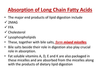 Absorption of Long Chain Fatty Acids
• The major end products of lipid digestion include
 2MAG
 FFA
 Cholesterol
 Lysophospholipids
• These, together with bile salts, form mixed micelles.
• Bile salts beside their role in digestion also play crucial
role in absorption.
• Fat soluble vitamins A, D, E and K are also packaged in
these micelles and are absorbed from the micelles along
with the products of dietary lipid digestion
 