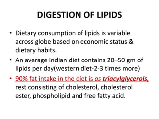 DIGESTION OF LIPIDS
• Dietary consumption of lipids is variable
across globe based on economic status &
dietary habits.
• An average Indian diet contains 20–50 gm of
lipids per day(western diet-2-3 times more)
• 90% fat intake in the diet is as triacylglycerols,
rest consisting of cholesterol, cholesterol
ester, phospholipid and free fatty acid.
 
