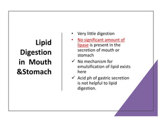 Lipid
Digestion
in Mouth
&Stomach
• Very little digestion
• No significant amount of
lipase is present in the
secretion of mouth or
stomach
 No mechanism for
emulsification of lipid exists
here
 Acid ph of gastric secretion
is not helpful to lipid
digestion.
 