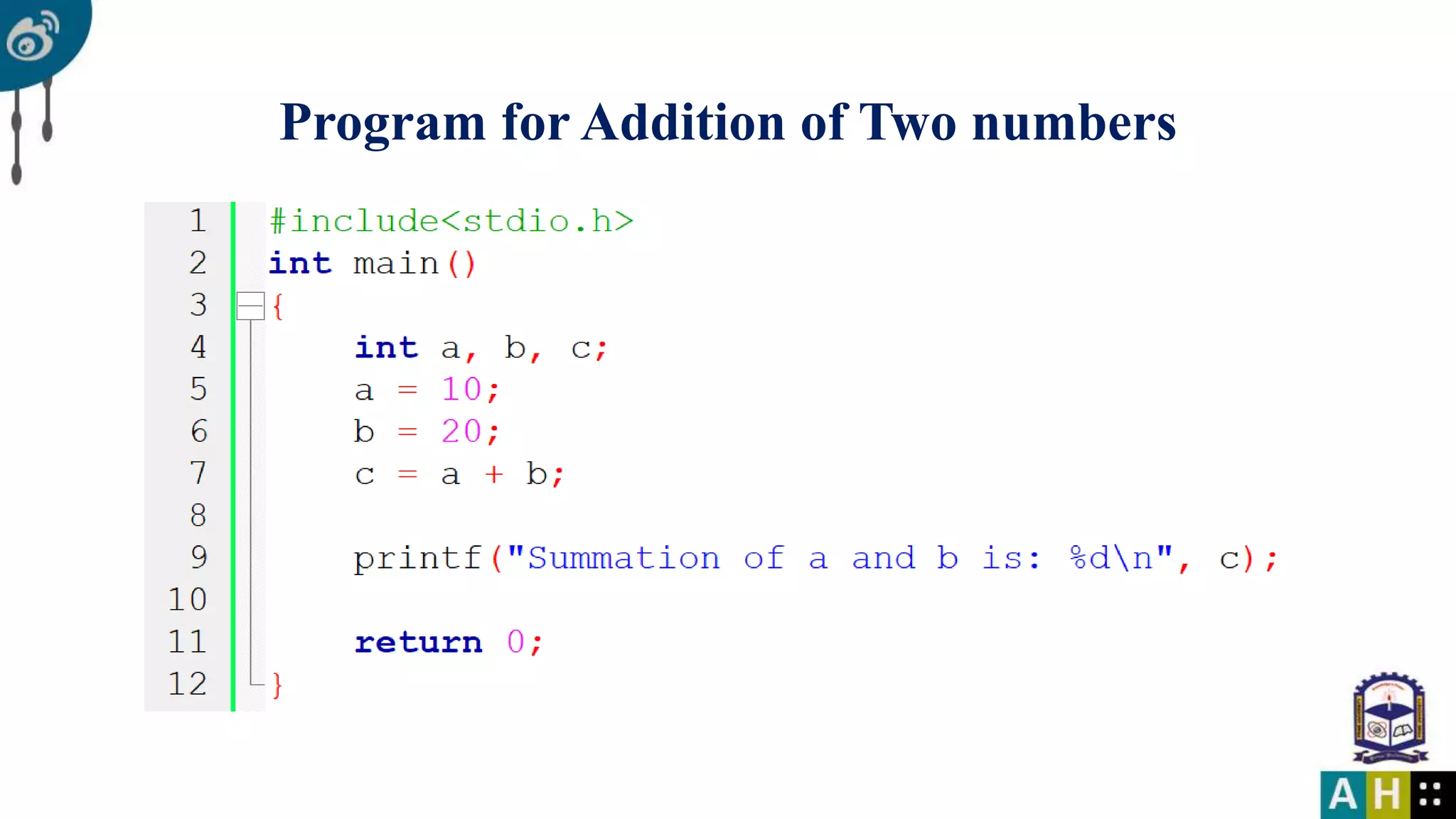 Program for Addition of Two numbers