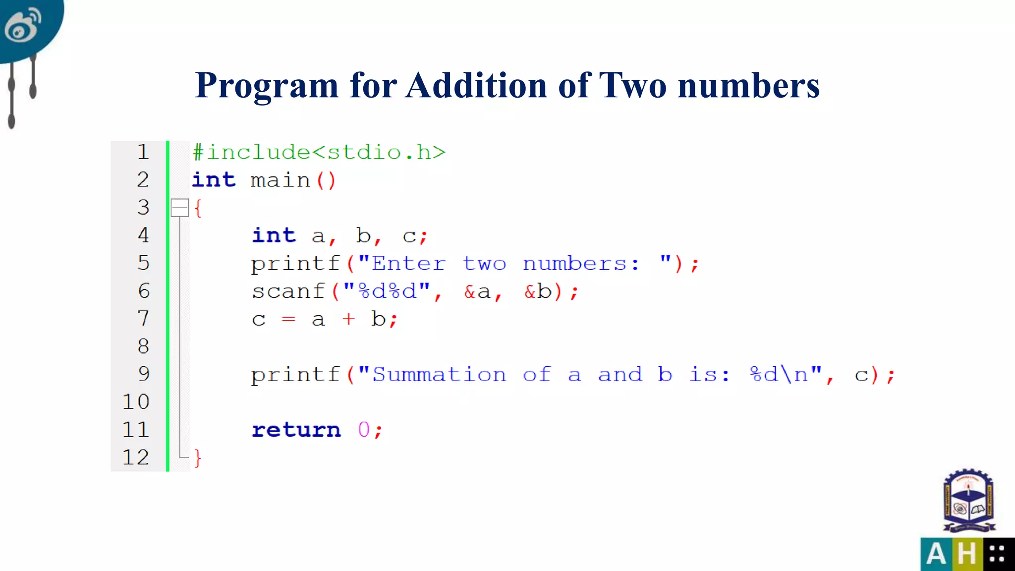 Program for Addition of Two numbers