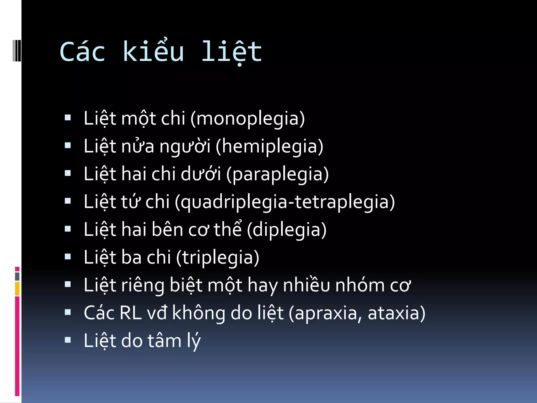 Các kiểu liệt
▪ Liệt một chi (monoplegia)
▪ Liệt nửa người (hemiplegia)
▪ Liệt hai chi dưới (paraplegia)
▪ Liệt tứ chi (quadriplegia-tetraplegia)
▪ Liệt hai bên cơ thể (diplegia)
▪ Liệt ba chi (triplegia)
▪ Liệt riêng biệt một hay nhiều nhóm cơ
▪ Các RL vđ không do liệt (apraxia, ataxia)
▪ Liệt do tâm lý
 