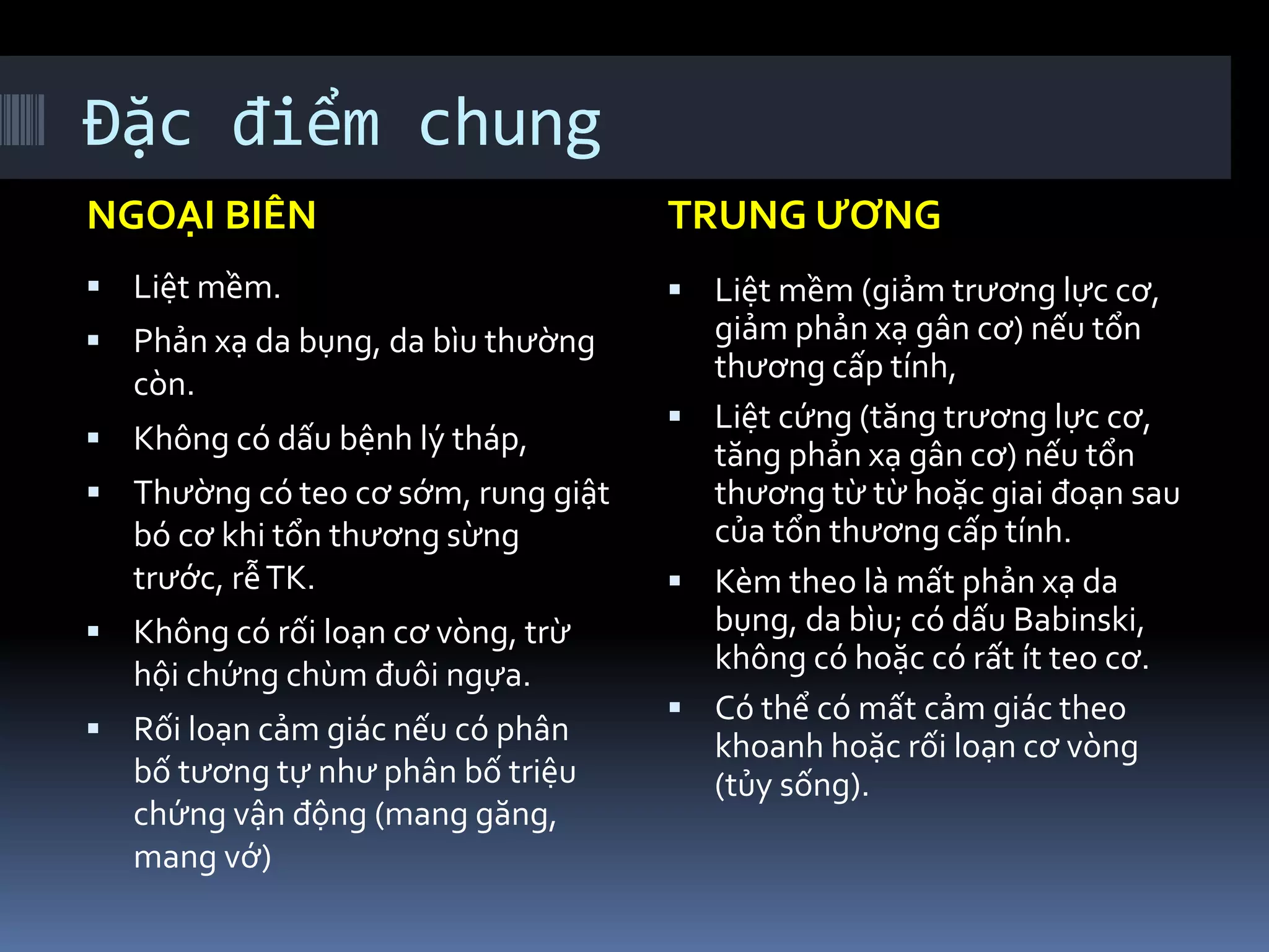 Đặc điểm chung
NGOẠI BIÊN TRUNG ƯƠNG
▪ Liệt mềm.
▪ Phản xạ da bụng, da bìu thường
còn.
▪ Không có dấu bệnh lý tháp,
▪ Thường có teo cơ sớm, rung giật
bó cơ khi tổn thương sừng
trước, rễTK.
▪ Không có rối loạn cơ vòng, trừ
hội chứng chùm đuôi ngựa.
▪ Rối loạn cảm giác nếu có phân
bố tương tự như phân bố triệu
chứng vận động (mang găng,
mang vớ)
▪ Liệt mềm (giảm trương lực cơ,
giảm phản xạ gân cơ) nếu tổn
thương cấp tính,
▪ Liệt cứng (tăng trương lực cơ,
tăng phản xạ gân cơ) nếu tổn
thương từ từ hoặc giai đoạn sau
của tổn thương cấp tính.
▪ Kèm theo là mất phản xạ da
bụng, da bìu; có dấu Babinski,
không có hoặc có rất ít teo cơ.
▪ Có thể có mất cảm giác theo
khoanh hoặc rối loạn cơ vòng
(tủy sống).
 