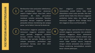 Berdasarkan data penjualan sebelumnya,
dan perimbangan faktor eksternal,
seperti tingkat inflasi, daya beli, selera
konsumen, dll, maka perusahaan
membuat ramalan penjualan. Ramalan
penjualan berupa rangkaian prediksi
penjualan dimasa mendatang dan pangsa
pasar, serta faktor internal & eksternal.
Dari anggaran produksi, dapat
menentukan jumlah bahan baku yang
dibutuhkan untuk suatu periode. Dan dari
jumlah bahan baku bisa disusun anggaran
pembelian bahan baku. dan dapat pula
menyusun anggaran biaya tenaga kerja
dan anggaran biaya overhead pabrik.
1
2
3
4
Berdasarkan anggaran penjualan, dapat
menyusun anggaran produksi dalam
suatu periode. Anggaran produksi
berupa volume barang yang harus
dihasilkan per periode. Mengacu selain
volume penjualan, perhatikan juga
persediaan barang awal dan akhir
periode tersebut.
Anggaran biaya operasi/komersil disusun
setelah anggaran penjualan dan produksi
disusun. Anggaran biaya pemasaran
disusun berdasarkan volume produk yang
akan dijual. Sedangkan biaya adm dan
umum tidak terkait secara langsung
dengan volume penjualan atau produksi.
Hanya cenderung menyebabkan semakin
besar volume pekerjaan.
FASEMENYUSUNANGGARANPERUSAHAAN
 