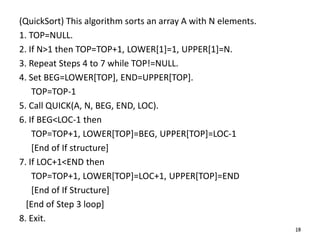 19
(QuickSort) This algorithm sorts an array A with N elements.
1. TOP=NULL.
2. If N>1 then TOP=TOP+1, LOWER[1]=1, UPPER[1]=N.
3. Repeat Steps 4 to 7 while TOP!=NULL.
4. Set BEG=LOWER[TOP], END=UPPER[TOP].
TOP=TOP-1
5. Call QUICK(A, N, BEG, END, LOC).
6. If BEG<LOC-1 then
TOP=TOP+1, LOWER[TOP]=BEG, UPPER[TOP]=LOC-1
[End of If structure]
7. If LOC+1<END then
TOP=TOP+1, LOWER[TOP]=LOC+1, UPPER[TOP]=END
[End of If Structure]
[End of Step 3 loop]
8. Exit.
19
 
