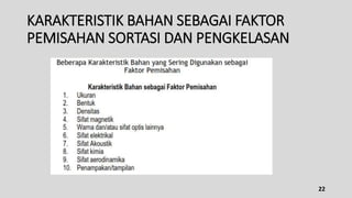KARAKTERISTIK BAHAN SEBAGAI FAKTOR
PEMISAHAN SORTASI DAN PENGKELASAN
22
 