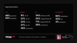 Как получать из Дзена не только трафик, но и конверсии
Аудитория Дзена
пол возраст гео устройства
48% мужчины
52% женщины
-8% 1824
-21% 2534
-22% 3544
-21% 4555
-28% остальные
-34% Москва и СПБ
-25% города более 1М
-11% города 500К1М
-30% остальные
64% смартфоны
33% ПК
3% планшеты
 