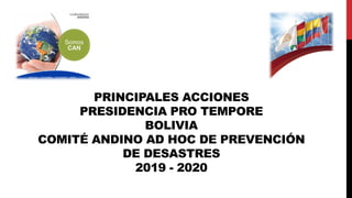 PRINCIPALES ACCIONES
PRESIDENCIA PRO TEMPORE
BOLIVIA
COMITÉ ANDINO AD HOC DE PREVENCIÓN
DE DESASTRES
2019 - 2020
 