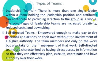 Types of Teams
◎ Leadership Teams – There is more than one single leader
within a team holding the leadership position and attributes
can contribute to providing direction to the group as a whole.
The advantages of leadership teams are increased creativity,
reduced costs, and downsizing.
◎ Self-directed Teams - Empowered enough to make day to day
decisions and actions on their own without the involvement of
a higher authority. The team members not only do the work
but also take on the management of that work. Self-directed
teams are characterized by having direct access to information
so that they can effectively plan, execute, coordinate and have
authority over their work.
 