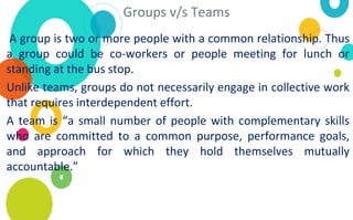 Groups v/s Teams
A group is two or more people with a common relationship. Thus
a group could be co-workers or people meeting for lunch or
standing at the bus stop.
Unlike teams, groups do not necessarily engage in collective work
that requires interdependent effort.
A team is “a small number of people with complementary skills
who are committed to a common purpose, performance goals,
and approach for which they hold themselves mutually
accountable.”
 
