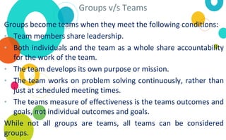 Groups v/s Teams
Groups become teams when they meet the following conditions:
• Team members share leadership.
• Both individuals and the team as a whole share accountability
for the work of the team.
• The team develops its own purpose or mission.
• The team works on problem solving continuously, rather than
just at scheduled meeting times.
• The teams measure of effectiveness is the teams outcomes and
goals, not individual outcomes and goals.
While not all groups are teams, all teams can be considered
groups.
 
