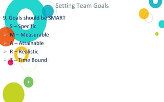 Setting Team Goals
9. Goals should be SMART
➢ S – Specific
➢ M – Measurable
➢ A – Attainable
➢ R – Realistic
➢ T – Time Bound
 