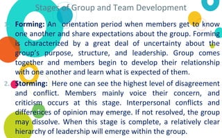 Stages of Group and Team Development
1. Forming: An orientation period when members get to know
one another and share expectations about the group. Forming
is characterized by a great deal of uncertainty about the
group’s purpose, structure, and leadership. Group comes
together and members begin to develop their relationship
with one another and learn what is expected of them.
2. Storming: Here one can see the highest level of disagreement
and conflict. Members mainly voice their concern, and
criticism occurs at this stage. Interpersonal conflicts and
differences of opinion may emerge. If not resolved, the group
may dissolve. When this stage is complete, a relatively clear
hierarchy of leadership will emerge within the group.
 