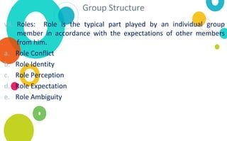 Group Structure
vii. Roles: Role is the typical part played by an individual group
member in accordance with the expectations of other members
from him.
a. Role Conflict
b. Role Identity
c. Role Perception
d. Role Expectation
e. Role Ambiguity
 