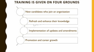 TRAINING IS GIVEN ON FOUR GROUNDS
New candidates who join an organization
Refresh and enhance their knowledge
Implementation of updates and amendments
Promotion and career growth
 