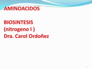 AMINOACIDOS

BIOSINTESIS
(nitrogeno I )
Dra. Carol Ordoñez




                     1
 
