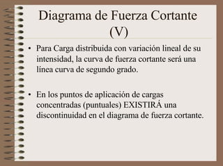 Diagrama de Fuerza Cortante
(V)
• Para Carga distribuida con variación lineal de su
intensidad, la curva de fuerza cortante será una
línea curva de segundo grado.
• En los puntos de aplicación de cargas
concentradas (puntuales) EXISTIRÁ una
discontinuidad en el diagrama de fuerza cortante.
 