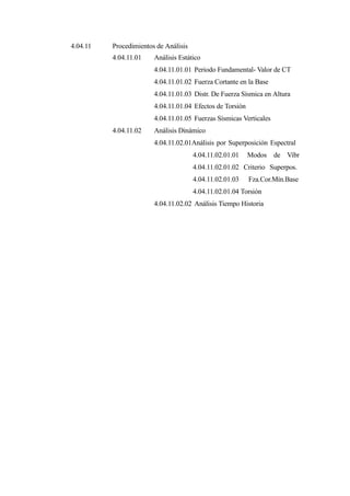 4.04.11 Procedimientos de Análisis
4.04.11.01 Análisis Estático
4.04.11.01.01 Periodo Fundamental- Valor de CT
4.04.11.01.02 Fuerza Cortante en la Base
4.04.11.01.03 Distr. De Fuerza Sísmica en Altura
4.04.11.01.04 Efectos de Torsión
4.04.11.01.05 Fuerzas Sísmicas Verticales
4.04.11.02 Análisis Dinámico
4.04.11.02.01Análisis por Superposición Espectral
4.04.11.02.01.01 Modos de Vibr
4.04.11.02.01.02 Criterio Superpos.
4.04.11.02.01.03 Fza.Cor.Mín.Base
4.04.11.02.01.04 Torsión
4.04.11.02.02 Análisis Tiempo Historia
 