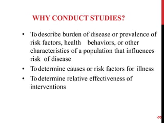 WHY CONDUCT STUDIES?
• Todescribe burden of disease or prevalence of
risk factors, health behaviors, or other
characteristics of a population that influences
risk of disease
• Todetermine causes or risk factors for illness
• Todetermine relative effectiveness of
interventions
3
 