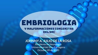 EMBRIOLOGIA
JOHNNY A. JULIO DE LA ROSA
Residente de Neurologia
Universidad del Sinu Cartagena
Octubre 20 de 2020
Y MALFORMACIONES CONGENITAS
DEL SNC
 