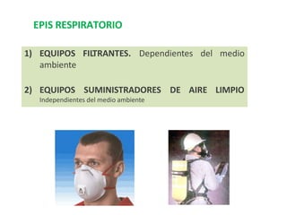 1) EQUIPOS FILTRANTES. Dependientes del medio
ambiente
2) EQUIPOS SUMINISTRADORES DE AIRE LIMPIO
Independientes del medio ambiente
EPIS RESPIRATORIO
 