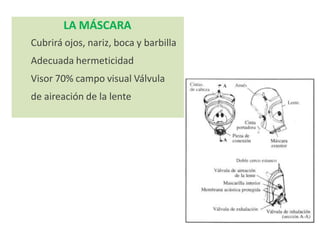 LA MÁSCARA
Cubrirá ojos, nariz, boca y barbilla
Adecuada hermeticidad
Visor 70% campo visual Válvula
de aireación de la lente
 
