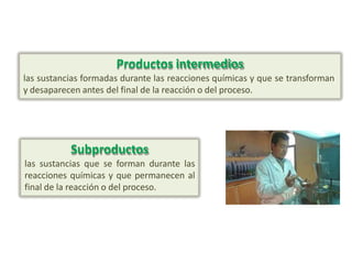 Productos intermedios
las sustancias formadas durante las reacciones químicas y que se transforman
y desaparecen antes del final de la reacción o del proceso.
Subproductos
las sustancias que se forman durante las
reacciones químicas y que permanecen al
final de la reacción o del proceso.
 