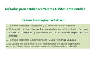 Métodos para establecer Valores Límites Ambientales
Ensayos Toxicológicos en Animales
■ Permiten establecer la respuesta y su tamaño sobre los animales.
■ El traslado al hombre de los resultados se realiza dentro de unos
límites de correlación y mediante el uso de factores de seguridad muy
amplios.
■ Permiten establecer las denominadas “Dosis Humanas Seguras”.
■Los valores de referencia se fijan considerando un caudal respiratorio
estándar, inferior al producido en tareas de nivel de esfuerzo elevado
 