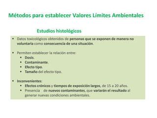 Métodos para establecer Valores Límites Ambientales
Estudios histológicos
 Datos toxicológicos obtenidos de personas que se exponen de manera no
voluntaria como consecuencia de una situación.
 Permiten establecer la relación entre:
 Dosis.
 Contaminante.
 Efecto tipo.
 Tamaño del efecto tipo.
 Inconvenientes:
 Efectos crónicos y tiempos de exposición largos, de 15 a 20 años.
 Presencia de nuevos contaminantes, que variarán el resultado al
generar nuevas condiciones ambientales.
 