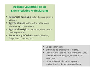 Agentes Causantes de las
Enfermedades Profesionales
 Sustancias químicas: polvo, humos, gases o
vapores.
 Agentes físicos: ruido, calor, radiaciones
ionizantes y no ionizantes.
 Agentes biológicos: bacterias, virus y otros
microorganismos.
 Factores ergonómicos: malas posturas,
fatiga física o mental, etc.
 La concentración
 El tiempo de exposición al mismo.
 Las características de cada individuo, como
la edad, el sexo, alergias, su estado de
salud, etc.,
 La combinación de varios agentes
contaminantes de forma simultánea.
 