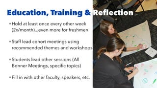 Education, Training & Reﬂection
•Hold at least once every other week
(2x/month)...even more for freshmen
•Staff lead cohort meetings using
recommended themes and workshops
•Students lead other sessions (All
Bonner Meetings, speciﬁc topics)
•Fill in with other faculty, speakers, etc.
 
