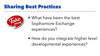 Sharing Best Practices
• What have been the best
Sophomore Exchange
experiences?
• How do you integrate higher level
developmental experiences?
 
