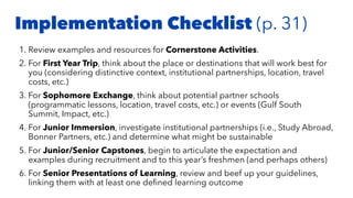 1. Review examples and resources for Cornerstone Activities.
2. For First Year Trip, think about the place or destinations that will work best for
you (considering distinctive context, institutional partnerships, location, travel
costs, etc.)
3. For Sophomore Exchange, think about potential partner schools
(programmatic lessons, location, travel costs, etc.) or events (Gulf South
Summit, Impact, etc.)
4. For Junior Immersion, investigate institutional partnerships (i.e., Study Abroad,
Bonner Partners, etc.) and determine what might be sustainable
5. For Junior/Senior Capstones, begin to articulate the expectation and
examples during recruitment and to this year’s freshmen (and perhaps others)
6. For Senior Presentations of Learning, review and beef up your guidelines,
linking them with at least one deﬁned learning outcome
Implementation Checklist (p. 31)
 