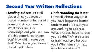 Second Year Written Reﬂections
• Leading others: Let’s talk
about times you were an
active member or leader of a
team or civic community.
What tools, skills, or
knowledge did you use? How
did this experience shape
you? How did it make you
feel? What have you learned
about leadership?
• Understanding An Issue:
Let’s talk about ways that
you have begun to better
understand the issue you
are working to address.
What projects have helped
you do this? What courses
or trainings have helped
you? What ideas for next
year have surfaced?
 