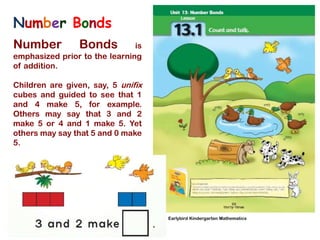Number Bonds
Number

Bonds

is
emphasized prior to the learning
of addition.
Children are given, say, 5 unifix
cubes and guided to see that 1
and 4 make 5, for example.
Others may say that 3 and 2
make 5 or 4 and 1 make 5. Yet
others may say that 5 and 0 make
5.

Earlybird Kindergarten Mathematics

 