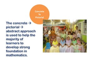 Concrete
To
Pictorial

The concrete 
pictorial 
abstract approach
is used to help the
majority of
learners to
develop strong
foundation in
mathematics.

 