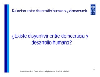 Relación entre desarrollo humano y democracia




¿Existe disyuntiva entre democracia y
          desarrollo humano?



                                                                              15
    Notas de clase Rosa Cañete Alonso – V Diplomado en DH – 5 de Julio 2007
 