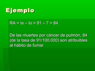 Ejemplo
RA = Ie – Io = 91 – 7 = 84
De las muertes por cáncer de pulmón, 84
(de la tasa de 91/100.000) son atribuibles
al hábito de fumar

 