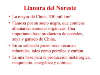 Llanura del Noreste
• La mayor de China, 350 mil km²
• Famosa por su suelo negro, que contiene
abuntantes esencias orgánicas. Una
importante base productora de cereales,
soya y ganado de China.
• En su subsuelo yacen ricos recursos
minerales, tales como petróleo y carbón.
• Es una base para la producción metalúrgica,
maquinaria, energética y química.
 