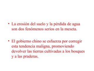 • La erosión del suelo y la pérdida de agua
son dos fenómenos serios en la meseta.
• El gobierno chino se esfuerza por corregir
esta tendencia maligna, promoviendo
devolver las tierras cultivadas a los bosques
y a las praderas.
 