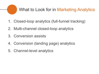 What to Look for in Marketing Analytics

1. Closed-loop analytics (full-funnel tracking)
2. Multi-channel closed-loop analytics
3. Conversion assists
4. Conversion (landing page) analytics
5. Channel-level analytics
 
