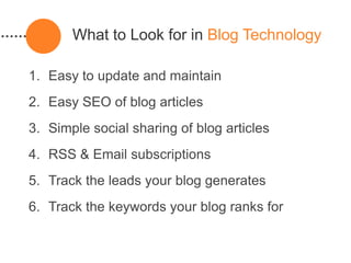 What to Look for in Blog Technology

1. Easy to update and maintain
2. Easy SEO of blog articles
3. Simple social sharing of blog articles
4. RSS & Email subscriptions
5. Track the leads your blog generates
6. Track the keywords your blog ranks for
 