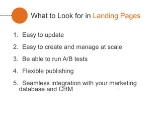 What to Look for in Landing Pages

1. Easy to update
2. Easy to create and manage at scale
3. Be able to run A/B tests
4. Flexible publishing
5. Seamless integration with your marketing
  database and CRM
 