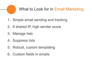 What to Look for in Email Marketing

1. Simple email sending and tracking
2. If shared IP, high sender score
3. Manage lists
4. Suppress lists
5. Robust, custom templating
6. Custom fields in emails
 