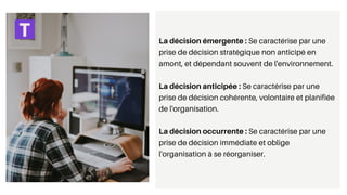 La décision émergente : Se caractérise par une
prise de décision stratégique non anticipé en
amont, et dépendant souvent de l'environnement.
La décision anticipée : Se caractérise par une
prise de décision cohérente, volontaire et planifiée
de l'organisation.
La décision occurrente : Se caractérise par une
prise de décision immédiate et oblige
l'organisation à se réorganiser.
 