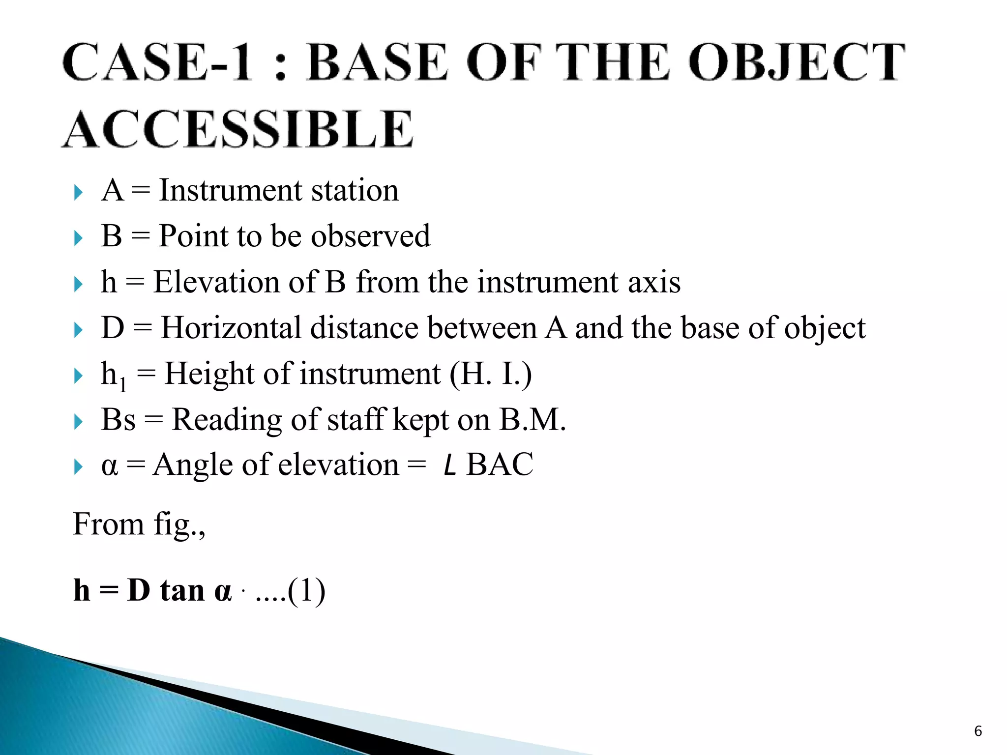  A = Instrument station
 B = Point to be observed
 h = Elevation of B from the instrument axis
 D = Horizontal distance between A and the base of object
 h1 = Height of instrument (H. I.)
 Bs = Reading of staff kept on B.M.
 α = Angle of elevation = L BAC
From fig.,
h = D tan α . ....(1)
6
 