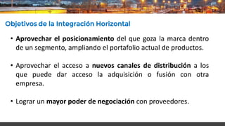 Objetivos de la Integración Horizontal
• Aprovechar el posicionamiento del que goza la marca dentro
de un segmento, ampliando el portafolio actual de productos.
• Aprovechar el acceso a nuevos canales de distribución a los
que puede dar acceso la adquisición o fusión con otra
empresa.
• Lograr un mayor poder de negociación con proveedores.
 