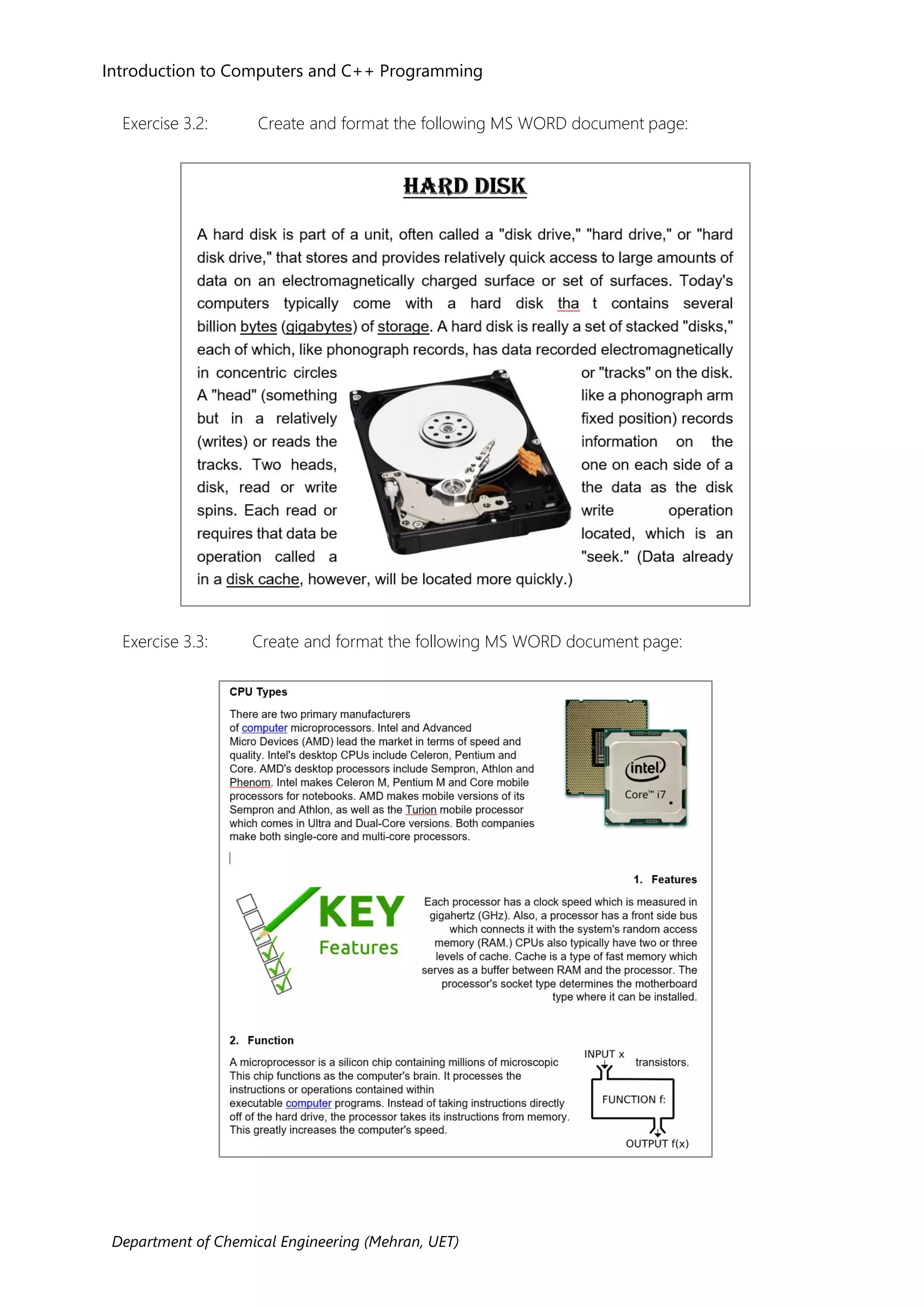 Introduction to Computers and C++ Programming
Department of Chemical Engineering (Mehran, UET)
Exercise 3.2: Create and format the following MS WORD document page:
Exercise 3.3: Create and format the following MS WORD document page:
 