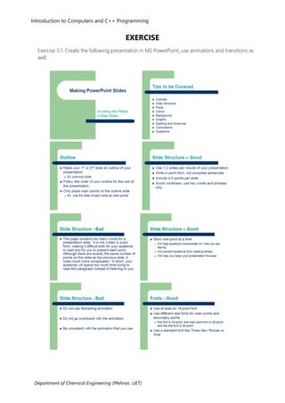 Department of Chemical Engineering (Mehran, UET)
Introduction to Computers and C++ Programming
EXERCISE
Exercise 5.1: Create the following presentation in MS PowerPoint, use animations and transitions as
well.
 