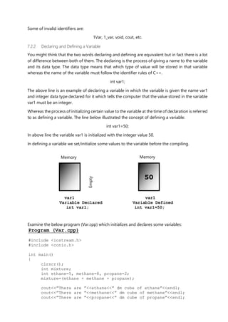Some of invalid identifiers are:
1Var, 1_var, void, cout, etc.
7.2.2 Declaring and Defining a Variable
You might think that the two words declaring and defining are equivalent but in fact there is a lot
of difference between both of them. The declaring is the process of giving a name to the variable
and its data type. The data type means that which type of value will be stored in that variable
whereas the name of the variable must follow the identifier rules of C++.
int var1;
The above line is an example of declaring a variable in which the variable is given the name var1
and integer data type declared for it which tells the computer that the value stored in the variable
var1 must be an integer.
Whereas the process of initializing certain value to the variable at the time of declaration is referred
to as defining a variable. The line below illustrated the concept of defining a variable:
int var1=50;
In above line the variable var1 is initialized with the integer value 50.
In defining a variable we set/initialize some values to the variable before the compiling.
var1 var1
Variable Declared Variable Defined
int var1; int var1=50;
Examine the below program (Var.cpp) which initializes and declares some variables:
Program (Var.cpp)
#include <iostream.h>
#include <conio.h>
int main()
{
clrscr();
int mixture;
int ethane=5, methane=8, propane=2;
mixture=(ethane + methane + propane);
cout<<”There are ”<<ethane<<” dm cube of ethane”<<endl;
cout<<”There are ”<<methane<<” dm cube of methane”<<endl;
cout<<”There are ”<<propane<<” dm cube of propane”<<endl;
50
Memory Memory
Empty
 